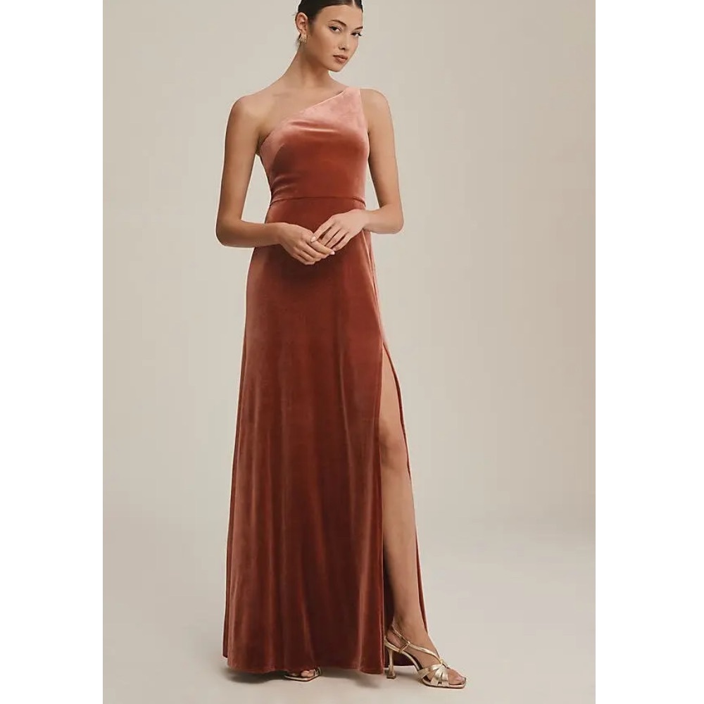 Jenny yoo collection cybil One-Shoulder Velvet gown side slits Dress size 8